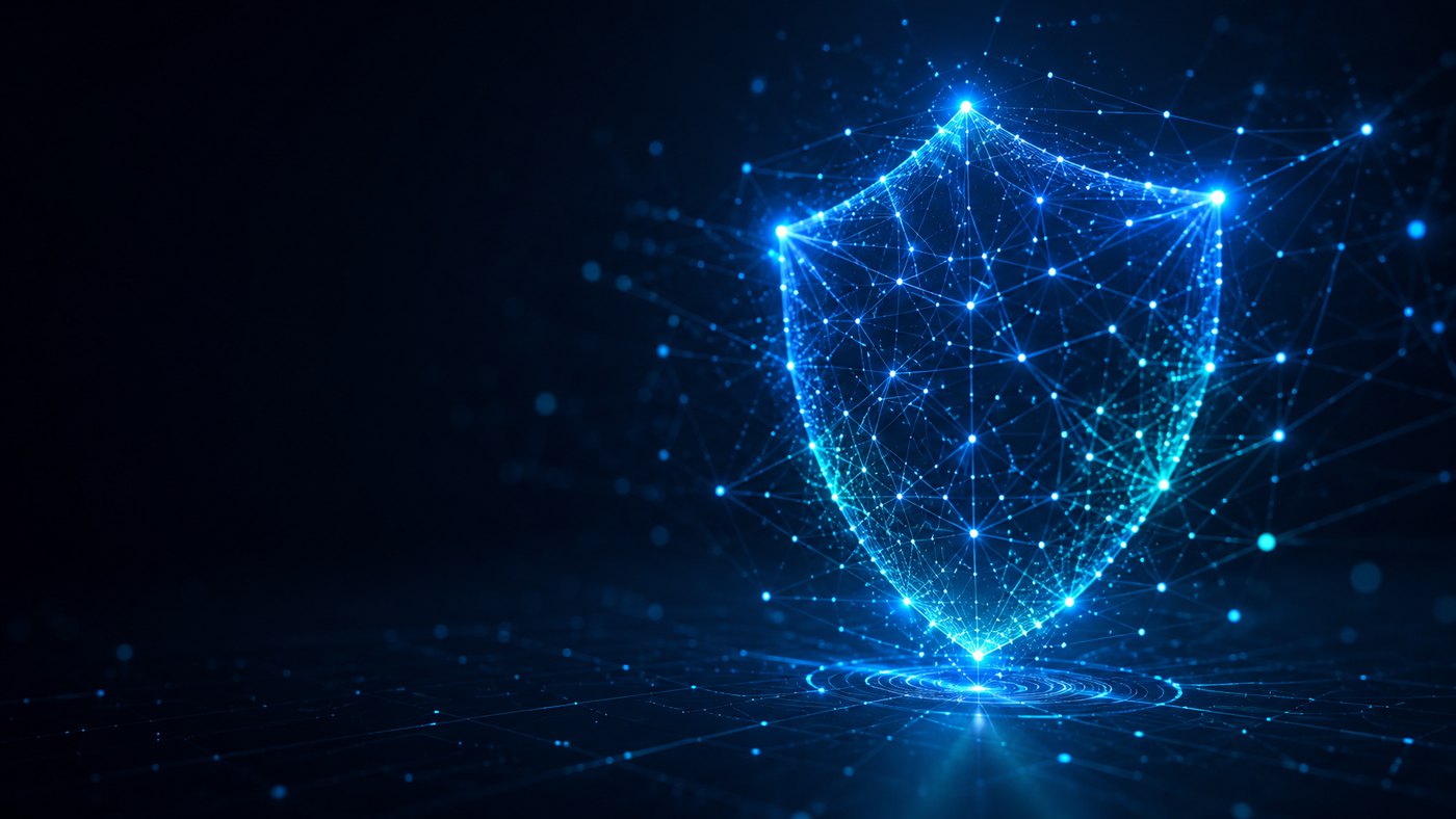 Abstract glowing shield formed from a network of connected nodes, representing protected identities